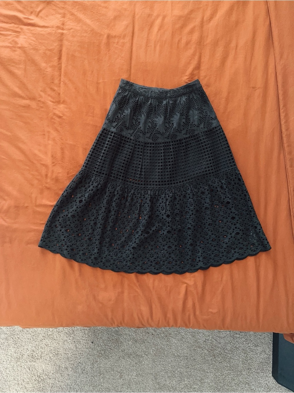 AllSaints Black Eyelet Tiered A-Line Skirt